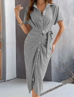 Sale Women's Midi Dress Blazer Dress Stylish Casual Vacation Work Daily Regular Fit Plaid Stripe Half Sleeve Shirt Collar Black Brown Summer Spring Fall Women Work Dresses