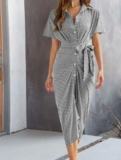 Sale Women's Midi Dress Blazer Dress Stylish Casual Vacation Work Daily Regular Fit Plaid Stripe Half Sleeve Shirt Collar Black Brown Summer Spring Fall Women Work Dresses