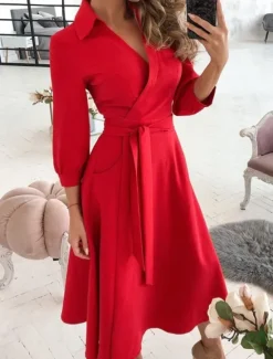 Outlet Women's Midi Dress Blazer Dress Sheath Dress Wrap Dress A Line Dress Party Cocktail Semi Formal Vacation Party Wedding Guest Regular Fit Long Sleeve V Neck Black Red Green Apricot Summer Fall Winter Women Cocktail Dress
