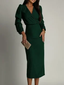 Clearance Women's Midi Dress Bodycon Dress Work Dresses Semi Formal Office Regular Fit Plain Long Sleeve V Neck Black Green Summer Women Work Dresses