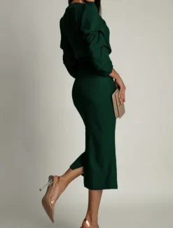 Clearance Women's Midi Dress Bodycon Dress Work Dresses Semi Formal Office Regular Fit Plain Long Sleeve V Neck Black Green Summer Women Work Dresses