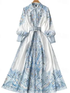 Women's Midi Dress Boho Dress Fashion Holiday Going out Weekend Regular Fit Flower Long Sleeve Shirt Collar Black Blue Apricot Summer Women Floral Dresses