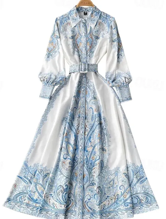 Women's Midi Dress Boho Dress Fashion Holiday Going out Weekend Regular Fit Flower Long Sleeve Shirt Collar Black Blue Apricot Summer Women Floral Dresses