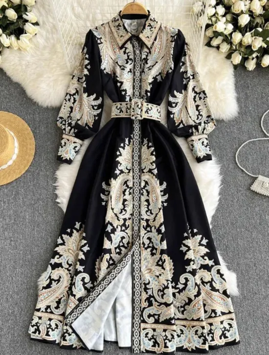 Women's Midi Dress Boho Dress Fashion Holiday Going out Weekend Regular Fit Flower Long Sleeve Shirt Collar Black Blue Apricot Summer Women Floral Dresses