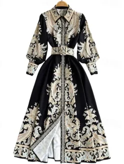 Women's Midi Dress Boho Dress Fashion Holiday Going out Weekend Regular Fit Flower Long Sleeve Shirt Collar Black Blue Apricot Summer Women Floral Dresses