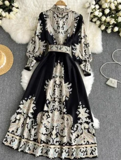 Women's Midi Dress Boho Dress Fashion Holiday Going out Weekend Regular Fit Flower Long Sleeve Shirt Collar Black Blue Apricot Summer Women Floral Dresses