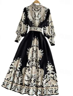 Women's Midi Dress Boho Dress Fashion Holiday Going out Weekend Regular Fit Flower Long Sleeve Shirt Collar Black Blue Apricot Summer Women Floral Dresses