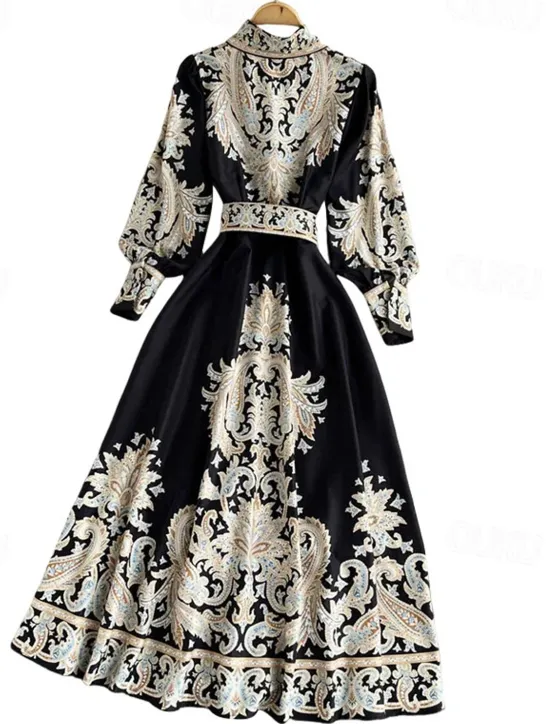 Women's Midi Dress Boho Dress Fashion Holiday Going out Weekend Regular Fit Flower Long Sleeve Shirt Collar Black Blue Apricot Summer Women Floral Dresses