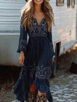 Clearance Women's Midi Dress Boho Dress Western Dress Fashion Classic Holiday Going out Weekend Regular Fit Flower Long Sleeve V Neck Summer Women Floral Dresses