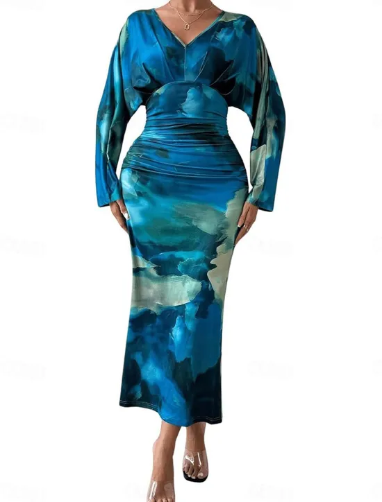 Clearance Women's Midi Dress Boho Dress Elegant Sexy Boho Bodycon Dress Bohemian Long Sleeve V Neck Red Blue Purple Brown Summer Women Floral Dresses