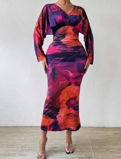 Clearance Women's Midi Dress Boho Dress Elegant Sexy Boho Bodycon Dress Bohemian Long Sleeve V Neck Red Blue Purple Brown Summer Women Floral Dresses
