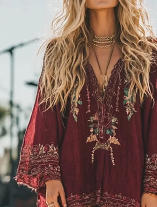 Women's Midi Dress Boho Dress Vintage Classic Vacation Daily Holiday Regular Fit Flower Long Sleeve V Neck Summer Women Floral Dresses