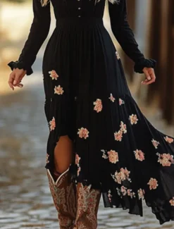 Outlet Women's Midi Dress Boho Dress Print Dress Western Dress Fashion Outdoor Vacation Weekend Regular Fit Plain Long Sleeve V Neck Summer Women Floral Dresses