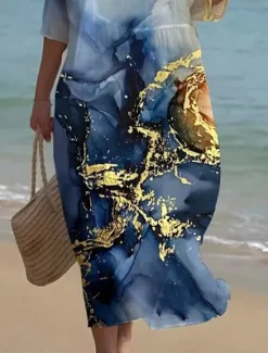 Women's Midi Dress Boho Neck Crew 3/4 Length Sleeve Shift Dress A Line Dress Casual Daily Date Loose Fit Floral Graphic Women Casual Dress