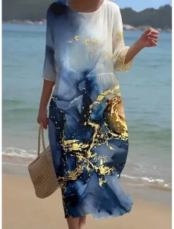 Women's Midi Dress Boho Neck Crew 3/4 Length Sleeve Shift Dress A Line Dress Casual Daily Date Loose Fit Floral Graphic Women Casual Dress