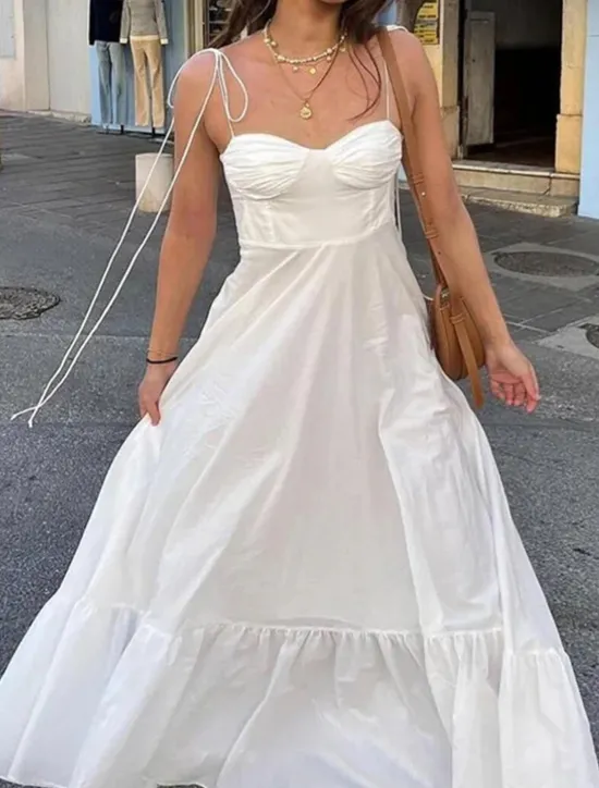 Best Women's Midi Dress Boho Wedding Guest Dress Elegant Stylish Sexy Oversized Solid Color Bohemian Sleeveless Strap Summer Women White Dresses