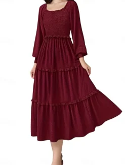 Discount Women's Midi Dress Boho Wedding Guest Dress Elegant Bohemia Stylish Loose Fit Long Sleeve Square Neck Black Pink Wine Navy Blue Spring Fall Winter Women Casual Dress