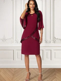Sale Women's Midi Dress Burgundy with Asymmetric Sequin Overlay Round Neckline V-Notch Detail Three-Quarter Length Split Sleeves Non-Stretch Elegant Evening Cocktail Party Knee-Length Various Sizes Women Cocktail Dress