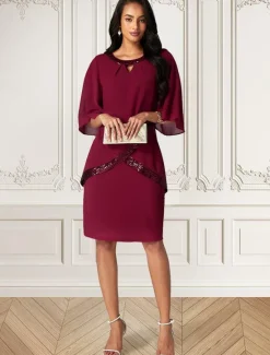 Sale Women's Midi Dress Burgundy with Asymmetric Sequin Overlay Round Neckline V-Notch Detail Three-Quarter Length Split Sleeves Non-Stretch Elegant Evening Cocktail Party Knee-Length Various Sizes Women Cocktail Dress