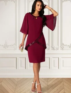 Sale Women's Midi Dress Burgundy with Asymmetric Sequin Overlay Round Neckline V-Notch Detail Three-Quarter Length Split Sleeves Non-Stretch Elegant Evening Cocktail Party Knee-Length Various Sizes Women Cocktail Dress