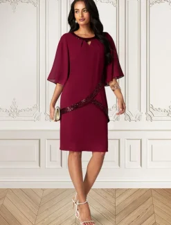 Sale Women's Midi Dress Burgundy with Asymmetric Sequin Overlay Round Neckline V-Notch Detail Three-Quarter Length Split Sleeves Non-Stretch Elegant Evening Cocktail Party Knee-Length Various Sizes Women Cocktail Dress