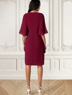 Sale Women's Midi Dress Burgundy with Asymmetric Sequin Overlay Round Neckline V-Notch Detail Three-Quarter Length Split Sleeves Non-Stretch Elegant Evening Cocktail Party Knee-Length Various Sizes Women Cocktail Dress