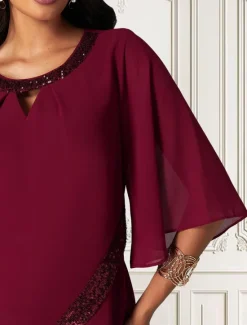 Sale Women's Midi Dress Burgundy with Asymmetric Sequin Overlay Round Neckline V-Notch Detail Three-Quarter Length Split Sleeves Non-Stretch Elegant Evening Cocktail Party Knee-Length Various Sizes Women Cocktail Dress