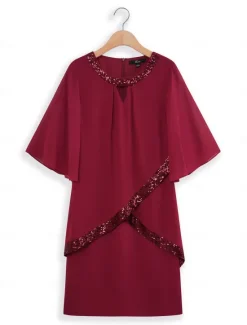 Sale Women's Midi Dress Burgundy with Asymmetric Sequin Overlay Round Neckline V-Notch Detail Three-Quarter Length Split Sleeves Non-Stretch Elegant Evening Cocktail Party Knee-Length Various Sizes Women Cocktail Dress