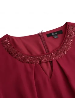 Sale Women's Midi Dress Burgundy with Asymmetric Sequin Overlay Round Neckline V-Notch Detail Three-Quarter Length Split Sleeves Non-Stretch Elegant Evening Cocktail Party Knee-Length Various Sizes Women Cocktail Dress