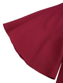 Sale Women's Midi Dress Burgundy with Asymmetric Sequin Overlay Round Neckline V-Notch Detail Three-Quarter Length Split Sleeves Non-Stretch Elegant Evening Cocktail Party Knee-Length Various Sizes Women Cocktail Dress