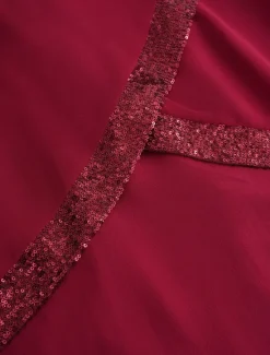 Sale Women's Midi Dress Burgundy with Asymmetric Sequin Overlay Round Neckline V-Notch Detail Three-Quarter Length Split Sleeves Non-Stretch Elegant Evening Cocktail Party Knee-Length Various Sizes Women Cocktail Dress