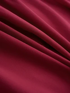 Sale Women's Midi Dress Burgundy with Asymmetric Sequin Overlay Round Neckline V-Notch Detail Three-Quarter Length Split Sleeves Non-Stretch Elegant Evening Cocktail Party Knee-Length Various Sizes Women Cocktail Dress