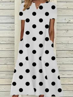 Outlet Women's Midi Dress Casual Dress Polka Dot Pocket Print V Neck Casual Daily Short Sleeve Summer Spring Women Casual Dress