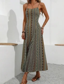 Discount Women's Midi Dress Casual Dress Summer Dress Slip Dress Boho Dress Elegant Fashion Modern Daily Beach Weekend Regular Fit Striped Sleeveless V Neck Red Green Summer Women Cocktail Dress