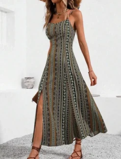 Discount Women's Midi Dress Casual Dress Summer Dress Slip Dress Boho Dress Elegant Fashion Modern Daily Beach Weekend Regular Fit Striped Sleeveless V Neck Red Green Summer Women Cocktail Dress
