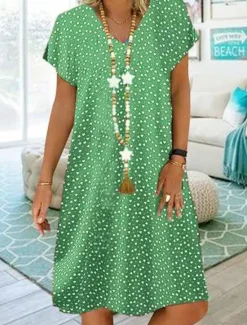 Online Women's Midi Dress Casual Dress Shift Dress Polka Dot Print V Neck Basic Daily Vacation Short Sleeve Summer Spring Women Vacation Dresses