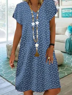 Online Women's Midi Dress Casual Dress Shift Dress Polka Dot Print V Neck Basic Daily Vacation Short Sleeve Summer Spring Women Vacation Dresses
