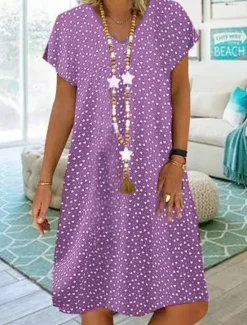 Online Women's Midi Dress Casual Dress Shift Dress Polka Dot Print V Neck Basic Daily Vacation Short Sleeve Summer Spring Women Vacation Dresses