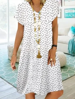 Online Women's Midi Dress Casual Dress Shift Dress Polka Dot Print V Neck Basic Daily Vacation Short Sleeve Summer Spring Women Vacation Dresses