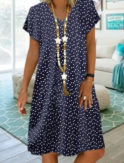 Online Women's Midi Dress Casual Dress Shift Dress Polka Dot Print V Neck Basic Daily Vacation Short Sleeve Summer Spring Women Vacation Dresses