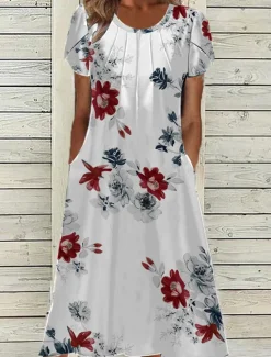 Sale Women's Midi Dress Casual Dress A Line Dress Elegant Vintage Stylish Lantern Sleeve Vacation Daily Fall Dress Regular Fit Floral Short Sleeve Crew Neck White Light Green Green Dark Blue Spring Fall Women Spring Dresses