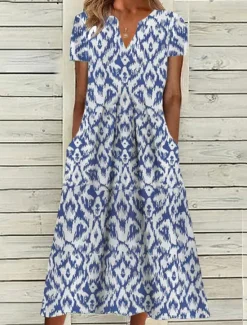 Sale Women's Midi Dress Casual Dress Shift Dress Short Sleeve Geometric Pocket Spring Summer V Neck Basic Daily Vacation Summer Dress Women Casual Dress