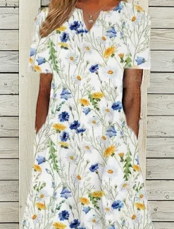 New Women's Midi Dress Casual Dress White Short Sleeve Floral Pocket Spring Summer V Neck Vacation 2023 S M L XL XXL 3XL Women Casual Dress|Spring Dresses