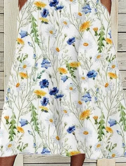 New Women's Midi Dress Casual Dress White Short Sleeve Floral Pocket Spring Summer V Neck Vacation 2023 S M L XL XXL 3XL Women Casual Dress|Spring Dresses