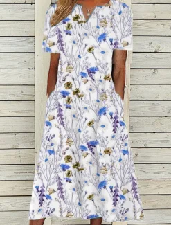 New Women's Midi Dress Casual Dress White Short Sleeve Floral Pocket Spring Summer V Neck Vacation 2023 S M L XL XXL 3XL Women Casual Dress|Spring Dresses