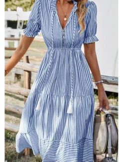 Hot Women's Midi Dress Casual Dress Summer Dress Fashion Classic Outdoor Holiday Date Regular Fit Striped Short Sleeve V Neck Pink Blue Dark Green Khaki Summer Women Casual Dress