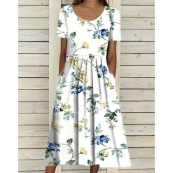 Online Women's Midi Dress Casual Dress Floral Print Ruched Print Crew Neck Basic Casual Daily Short Sleeve Summer Spring Women Spring Dresses