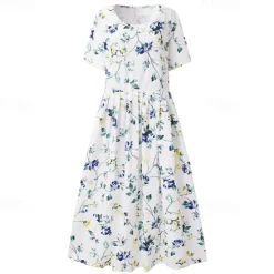 Online Women's Midi Dress Casual Dress Floral Print Ruched Print Crew Neck Basic Casual Daily Short Sleeve Summer Spring Women Spring Dresses