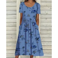 Online Women's Midi Dress Casual Dress Floral Print Ruched Print Crew Neck Basic Casual Daily Short Sleeve Summer Spring Women Spring Dresses