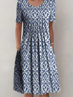 Online Women's Midi Dress Casual Dress Shift Dress Basic Casual Vacation Daily Weekend Regular Fit Geometric Short Sleeve Crew Neck Summer Spring Women Casual Dress